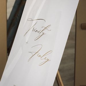 Gold Mirror Names on White Acrylic Wedding Welcome Sign