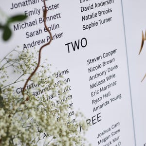 May include: A close-up of a white paper with names and the word "TWO" printed in black. Delicate white flowers and a brown stem are in the foreground, adding a natural touch to the list of names.