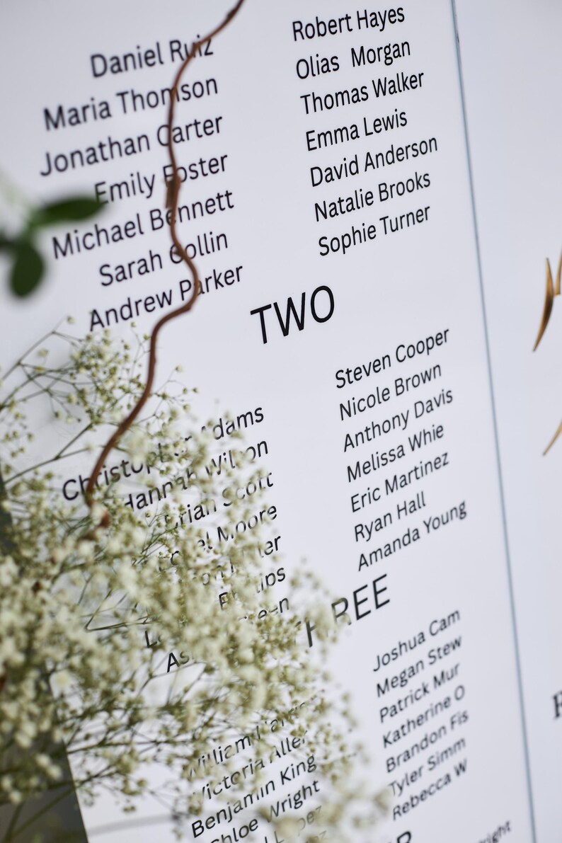 May include: A close-up of a white paper with names and the word "TWO" printed in black. Delicate white flowers and a brown stem are in the foreground, adding a natural touch to the list of names.