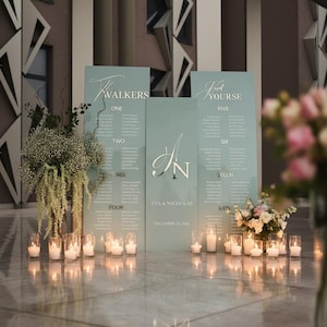Elegant Sage Green Acrylic Wedding Sign Bundle - Seating Chart & Welcome Sign with 3D Gold Mirror Acrylic Headers and Initials
