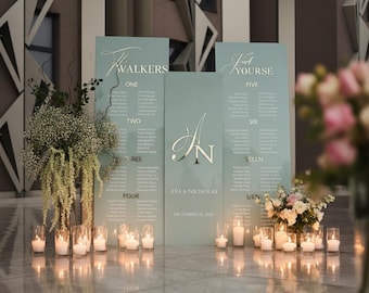 Elegant Sage Green Acrylic Wedding Sign Bundle - Seating Chart & Welcome Sign with 3D Gold Mirror Acrylic Headers and Initials