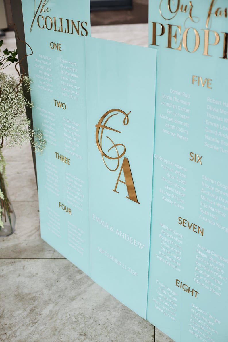 Acrylic Light Blue Guest Name Sign - 3D Gold Mirror - Mirror Seating ...