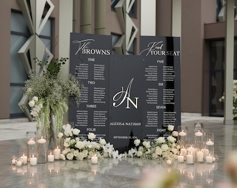 Acrylic Black Mirror Wedding Guest Arrangement - Seating Chart Display - Wedding Seat Chart - Find Your Seat Sign - Guest List Chart