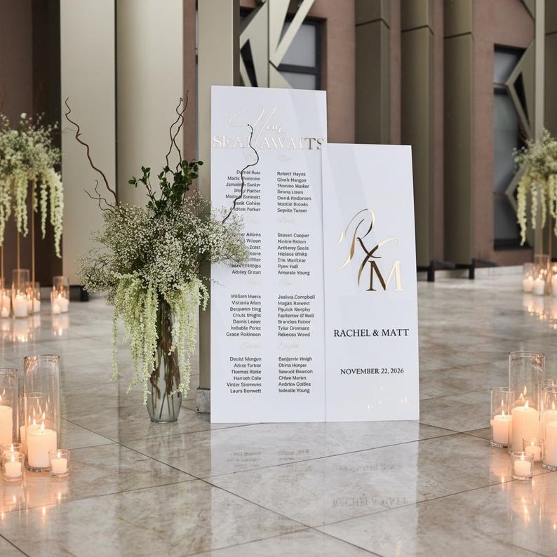 Acrylic Seating Chart - Find Your Seat Sign - Guest List Chart -Wedding Table Arrangement - 3D Gold Mirror - Assigned Seating image 1