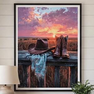 Western Prairie Sunset Print, Cowboy Sunset Wall Art, Dramatic Ranch Sky Still Life
