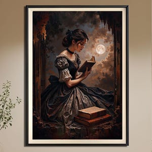 Victorian Woman Reading by Moonlight, Dark Academia Portrait Print, Gothic Painting for Book Lovers