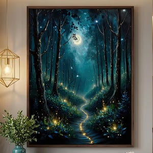 May include: A framed artwork depicts a mystical forest scene with a winding path illuminated by glowing lights. The painting features tall trees, a full moon, and a palette of blues and greens. The artwork hangs above a wooden console table with decorative items.