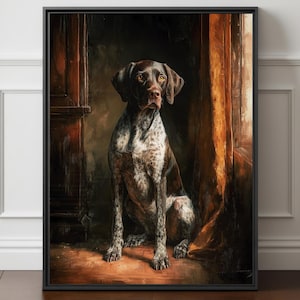 May include: A framed artwork featuring a seated German Shorthaired Pointer. The dog has a brown and white coat, with a focused gaze. The artwork is set against a dark background with warm, golden-brown curtains and wooden accents, creating a classic, vintage feel.