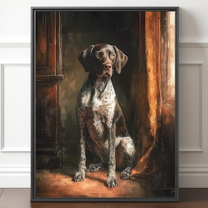 May include: A framed print of a German Shorthaired Pointer dog. The dog is brown and white, with a focused gaze. The artwork has a vintage, painterly style, with warm tones and a dark background. The print is displayed on a wooden floor.