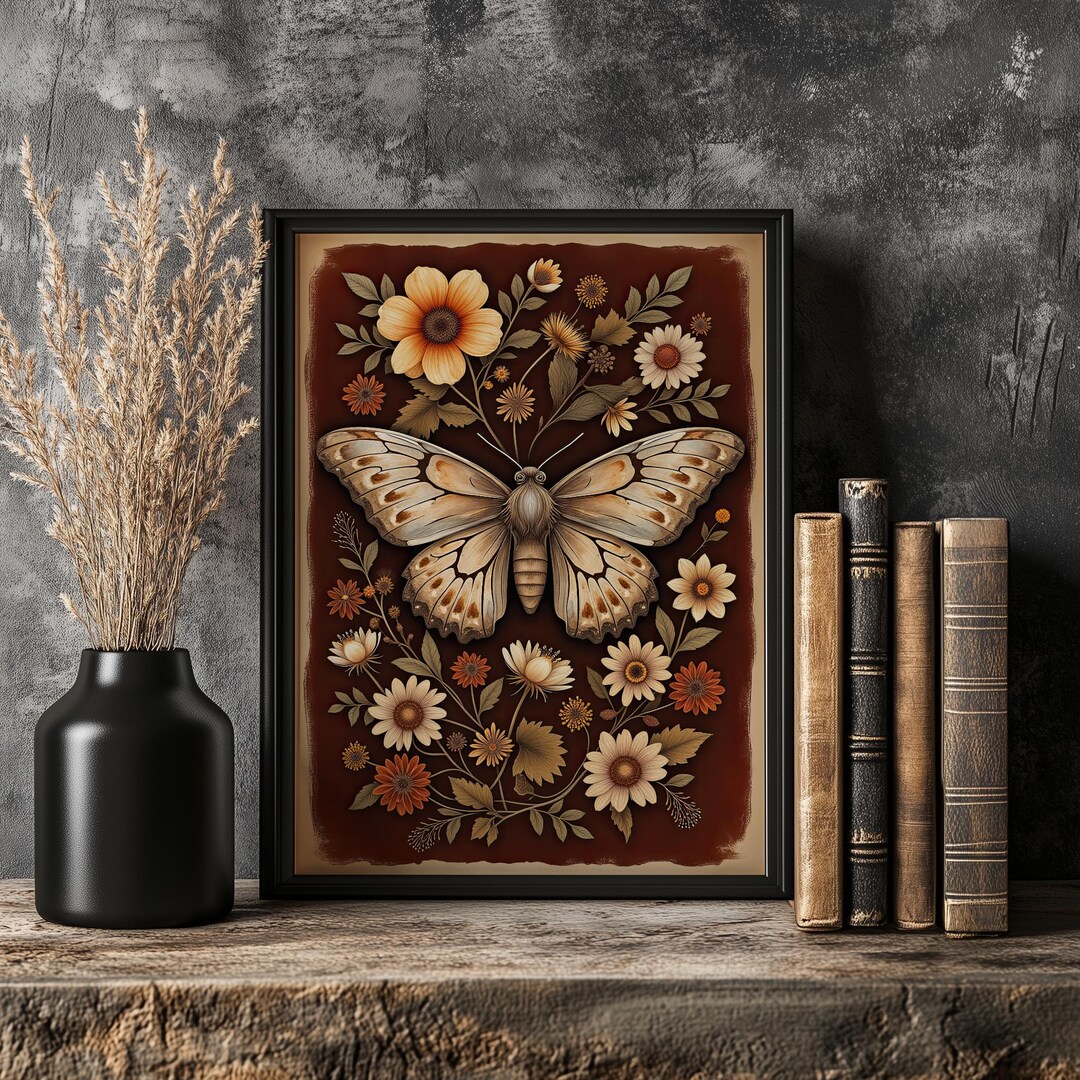 Vintage Moth Botanical Print: Dark Academia Cottagecore Wall Art - Etsy