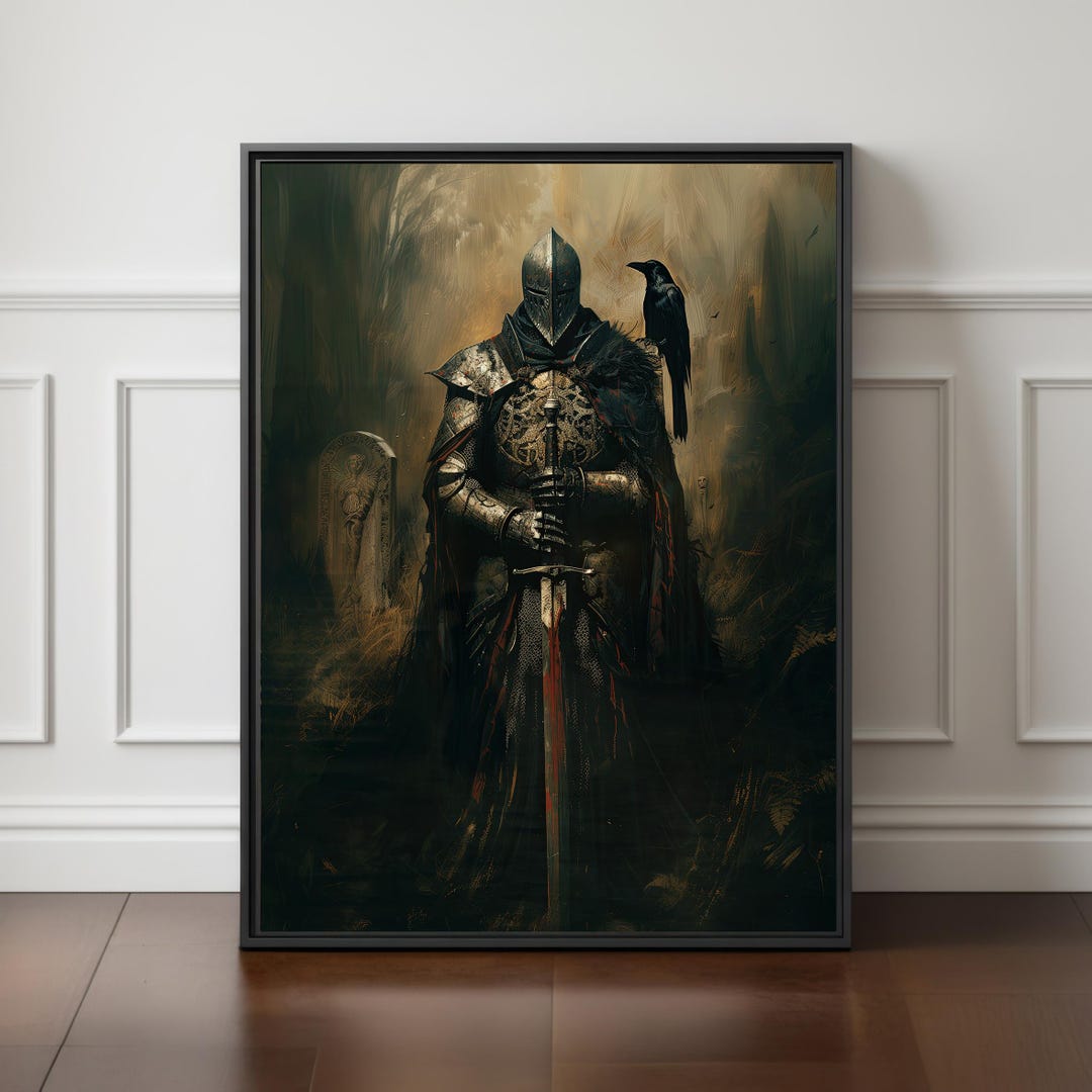 Dark Knight Art, Medieval Warrior Art, Gothic Fantasy Raven Wall Decor ...