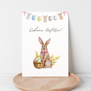 Grußkarte "Schöne Ostern" - Osterkarte mit Hase & Girlande - Hochwertige Postkarte A6 auf Naturpapier - Frühlingsgruß