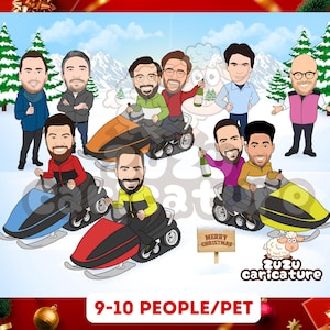 Verschneite Schlittenfahrt Cartoon | Freunde Gruppe Weihnachtsgeschenk, benutzerdefinierte Schnee Urlaub Auto Zeichnung, frohe Weihnachten Schnee Reise Cartoon | | 9-10 Gesichter