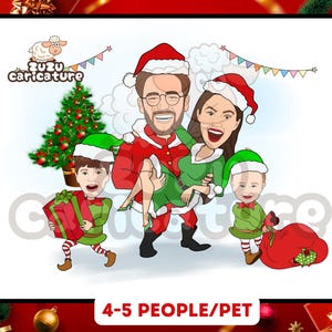 Santa & Elf Family Christmas Cartoon | Fun Custom Holiday Portrait, Funny Xmas Cartoon with Santa Parents Elf Kids | 4-5 faces