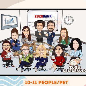 Custom Bank Team Caricature - Funny Banker Portrait - Personalized Finance Office Cartoon - Digital Bank Staff Artwork | 10-11 faces