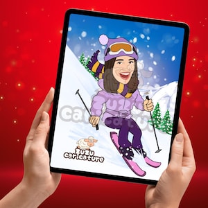 Aangepast portret skiën moeder – uniek kerst- of Moederdagcadeau, gepersonaliseerde wintersportkarikatuur – tekening skiënde vrouw