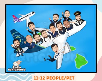 Custom Airline Company Caricature, Funny Flight Crew Cartoon - Digital Aviation Team Artwork for Pilots & Staff, Pilot cartoon | 11-12 faces