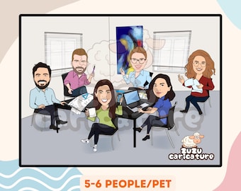 Custom Office Team Caricature | Personalized Business Portrait | Fun Corporate Gift | Unique Office Decor | 5-6 faces