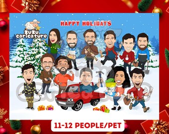 Construction Company Christmas Card | Custom Holiday Cartoon, Personalized Construction Team Drawing, Builder Xmas Greeting | 11-12 faces