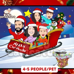 Funny Family Sled Cartoon | Personalized Christmas Portrait Illustration, Xmas Card Family on a Sleigh | Holiday Cartoon Drawing | 4-5 faces