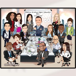 May include: A cartoon illustration of a group of people in a meeting room. The people are all dressed in business attire and are sitting around a table. There are papers and folders on the table, and a whiteboard with the text "Andrew Groshus Higher Education BEC 2022-2023" is visible in the background.