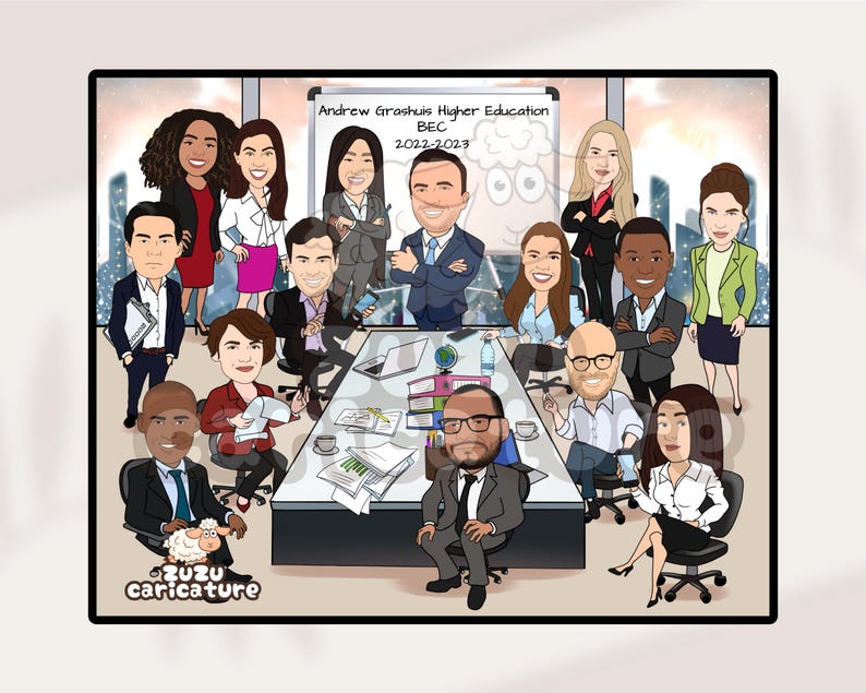 May include: A cartoon illustration of a group of people in a meeting room. The people are all dressed in business attire and are sitting around a table. There are papers and folders on the table, and a whiteboard with the text "Andrew Groshus Higher Education BEC 2022-2023" is visible in the background.