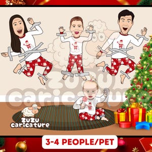 Grappige familie kerstcartoon, babyouders aan de muur geplakt, aangepast hilarisch vakantieportret, unieke kerstillustratie | 3-4 gezichten