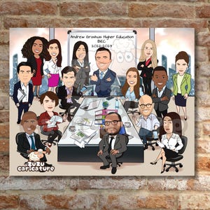 May include: A cartoon caricature of a group of people in a meeting. The people are all dressed in business attire and are sitting around a table. The table is covered in papers and there is a whiteboard behind them with the text "Andrew Grantham Higher Education BEC 2022-2023".