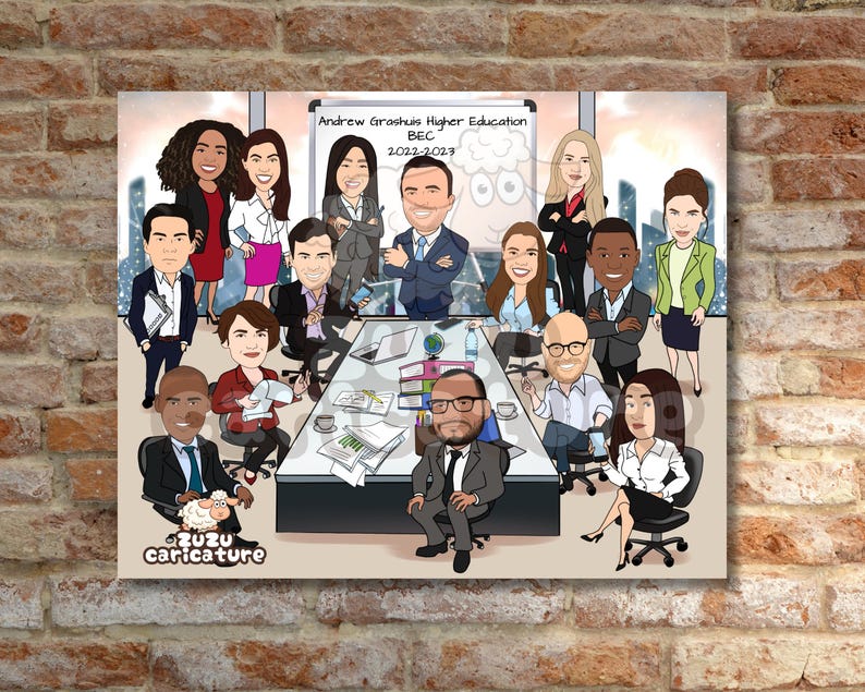 May include: A cartoon caricature of a group of people in a meeting. The people are all dressed in business attire and are sitting around a table. The table is covered in papers and there is a whiteboard behind them with the text "Andrew Grantham Higher Education BEC 2022-2023".