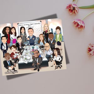 May include: A cartoon caricature of a group of people in a meeting. The people are all dressed in business attire and are sitting around a table. The text "Andrew Grechuhs Higher Education BEC 2023-2024" is visible on the wall behind the group. The image is titled "zuzu caricature".
