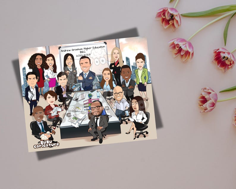 May include: A cartoon caricature of a group of people in a meeting. The people are all dressed in business attire and are sitting around a table. The text "Andrew Grechuhs Higher Education BEC 2023-2024" is visible on the wall behind the group. The image is titled "zuzu caricature".