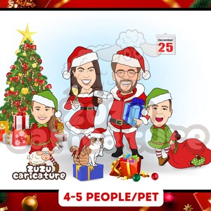 Santa & Elf Family Christmas Cartoon | Fun Custom Holiday Portrait, Funny Xmas Cartoon with Santa Parents Elf Kids | 4-5 faces