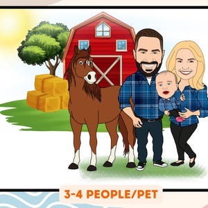 Farmhouse Family Caricature | Custom Parents, Son with Horse Portrait, Personalized Country Life Cartoon | Farm Animals Illustration