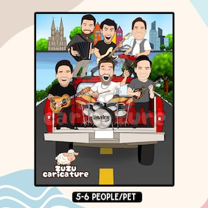 Custom Music Band Caricature | Friends on a Road Trip | Funny Digital Cartoon | Personalized Gift for Best Friends | 5-6 faces