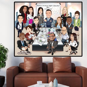 May include: A cartoon caricature of a group of people in a meeting room. The people are all dressed in business attire and are sitting around a table. The text on the whiteboard says "Andrew Granville Higher Education BEC 2022-2023".
