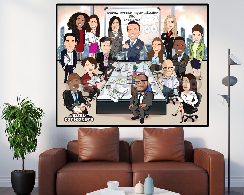 May include: A cartoon caricature of a group of people in a meeting room. The people are all dressed in business attire and are sitting around a table. The text on the whiteboard says "Andrew Granville Higher Education BEC 2022-2023".