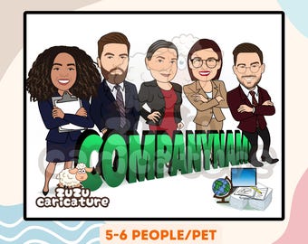 Funny Tech Office Caricature | Custom IT Team Portrait | Telecom & Communication Company Cartoon Gift | 5-6 faces