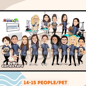 Funny Pet Groomer Caricature – Custom Pet Salon Caricature, Custom Digital Cartoon Gift for Pet Groomers & Animal Lovers | 14-15 faces