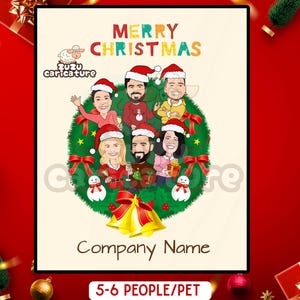 Carte drôle de guirlande de Noël, dessin animé de Noël de visages de collègue, carte de voeux, portrait caricature d'employé, cadeau d'humour de Noël de bureau | 5-6 visages