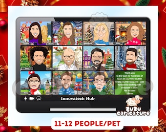 Funny Marketing Zoom Meeting Christmas Card | Remote Team Holiday Cartoon | New Year Gift, Greeting Card for Coworkers | 11-12 faces