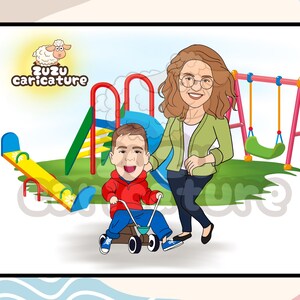 May include: A cartoon illustration of a woman and a child at a playground. The child is riding a small tricycle. The woman is wearing glasses and a green jacket. The playground has a slide and swings. The image includes the text "Zuzu Caricature" and a cartoon sheep.