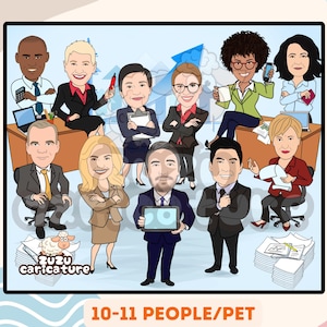 Custom Finance Team Caricature | Funny Banker Cartoon | Personalized Office Gift for Financial Professionals 10-11 faces