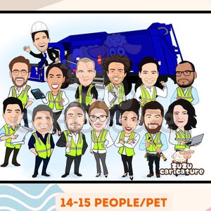 Op de afbeelding: Een cartoonillustratie van 14 mensen en een schaap dat voor een blauwe vuilniswagen staat. De mensen dragen gele veiligheidsvesten en lachen. Het schaap is wit en heeft een blauwe halsband. De tekst "zuzu caricature" staat onderaan de afbeelding.
