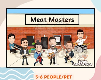 May include: A cartoon illustration of a band playing in front of a building with the sign "Meat Masters" above the door. The band consists of five people, including a drummer, a guitarist, a bassist, a keyboard player, and a singer. There is also a white sheep in the foreground.