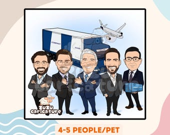Logistics Company Caricature - Custom Business Team Portrait - Funny Digital Supply Chain Staff Cartoon for Office | 4-5 faces