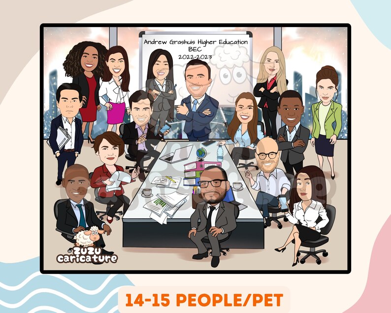 May include: A cartoon caricature of a group of people, including a sheep, sitting around a table. The text "Andrew Groshuis Higher Education BEC 2022-2023" is on a whiteboard behind the group. The text "zuzu caricature" is at the bottom of the image.