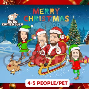 Funny Family Sled Cartoon | Personalized Christmas Portrait Illustration, Xmas Card Family on a Sleigh | Holiday Cartoon Drawing | 4-5 faces