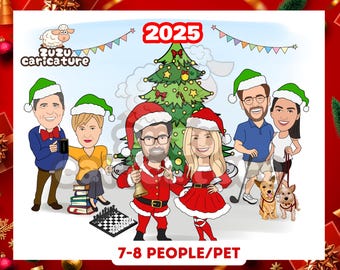 Company Christmas Card, Merry Christmas Holiday Card, Funny Xmas Cartoon, Boss Team Gift | 7-8 faces