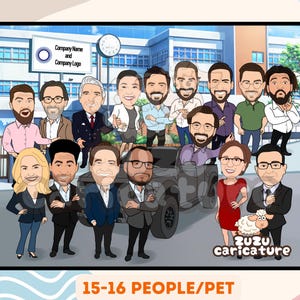 Tech Company Group Caricature | Custom IT Workplace Cartoon | Programmer Gift | Developer Cartoon, Funny IT Office Illustration |15-16 faces