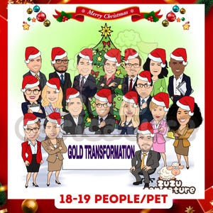 Könnte beinhalten: Eine Weihnachts-Cartoon-Karikatur von 18 Personen und einem Schaf, die vor einem Weihnachtsbaum stehen. Die Gruppe trägt Weihnachtsmützen und das Schild vor ihnen lautet "GOLD TRANSFORMATION".